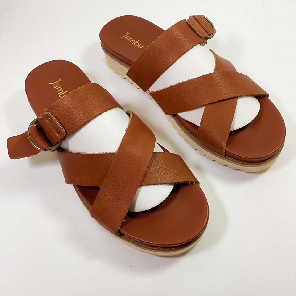 Jambu Frida Leather Criss-Cross Buckle Sandal, Camel - Picture 2 of 9